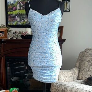 Princess Polly Sky Blue Floral Ruched Mini Dress